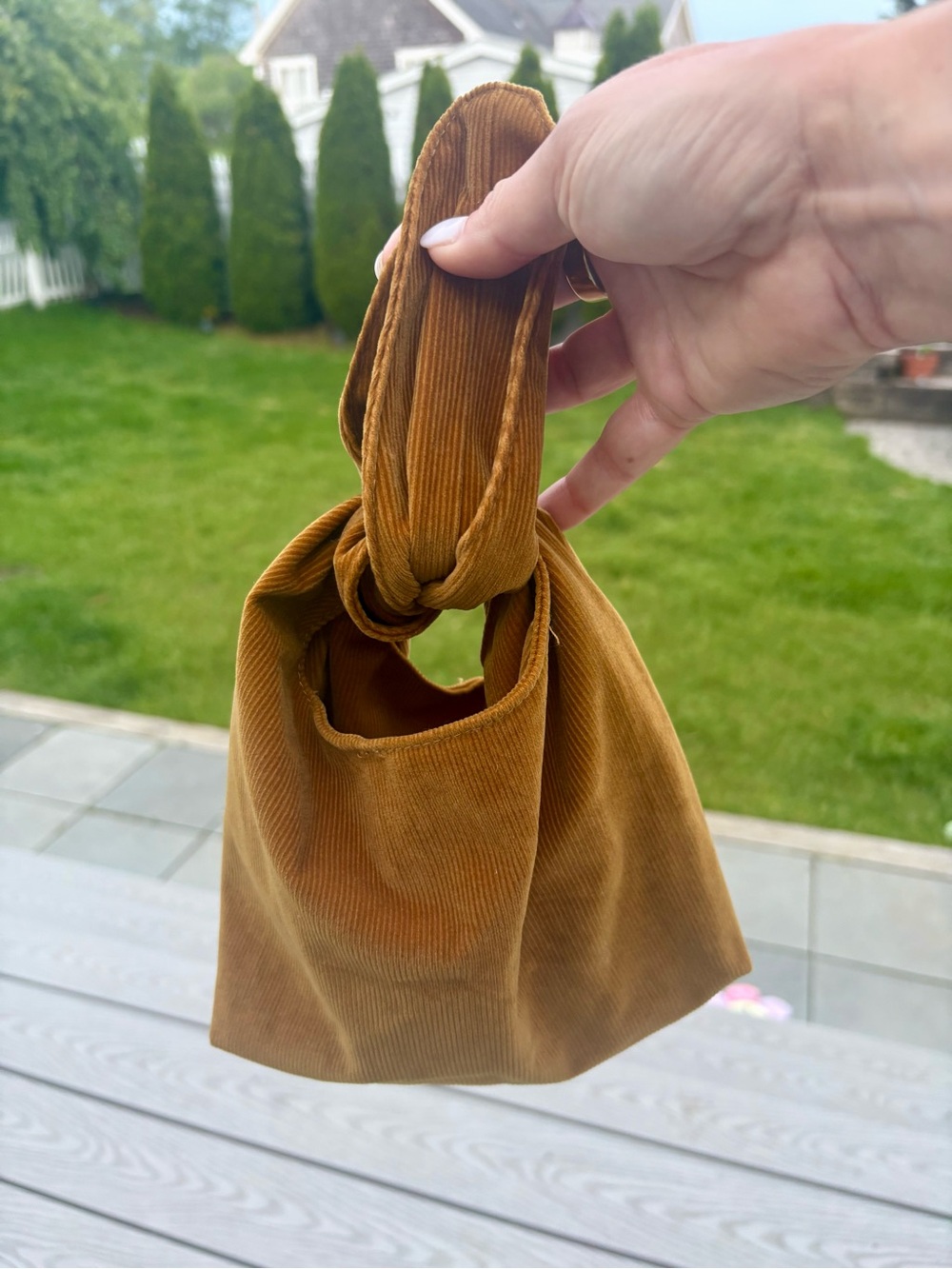 Merit Collab Knot Handle Corduroy Bag in Camel